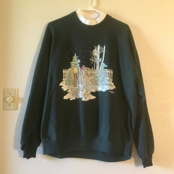 VTG 90s Ugly Christmas Sweatshirt Cardinals Blue Jays Chickadees Birder Grandma - Picture 2 of 7